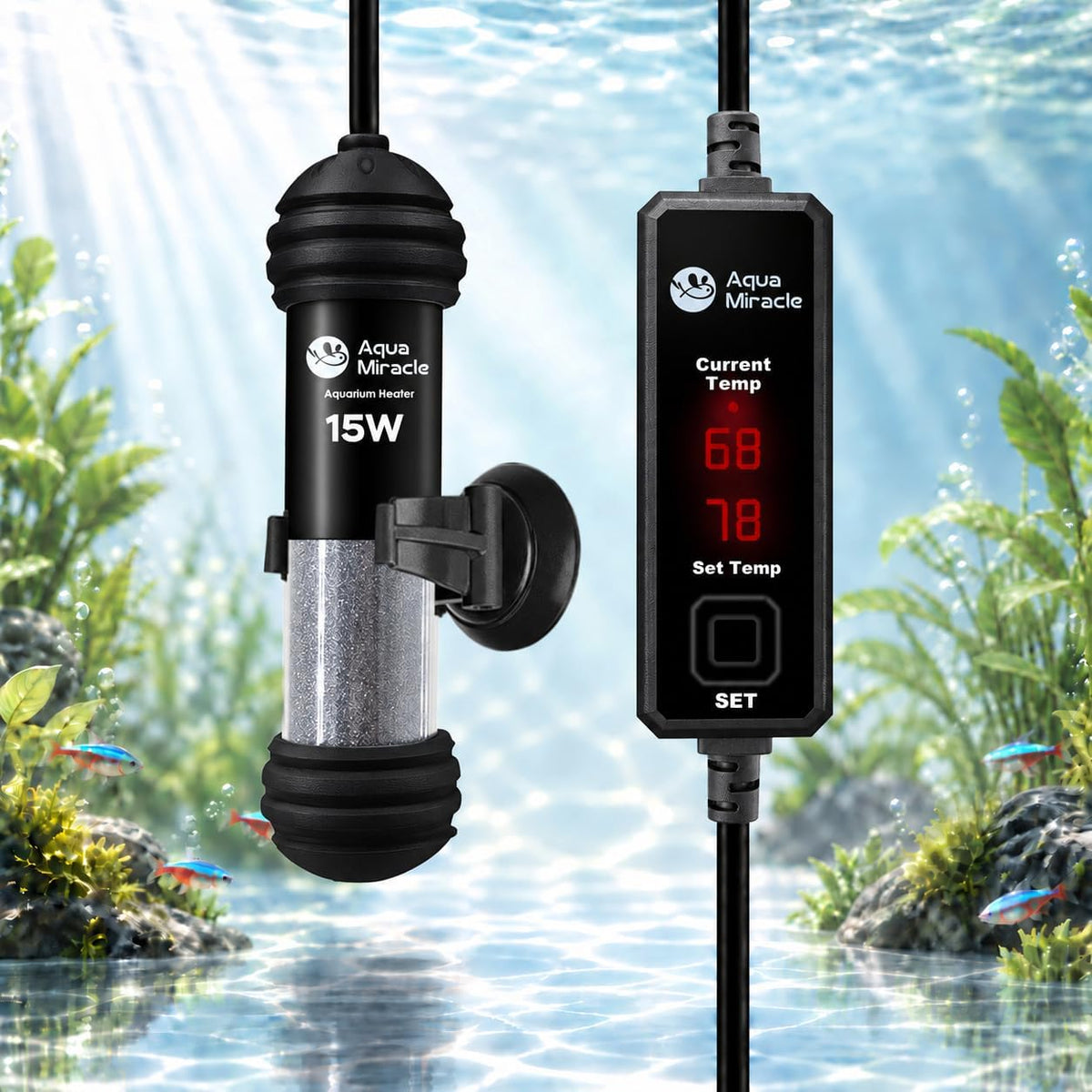 AquaMiracle 100W Small Aquarium Heater Dual LED Display for 10-20 Gal - For 1-3 Gal Aquariums