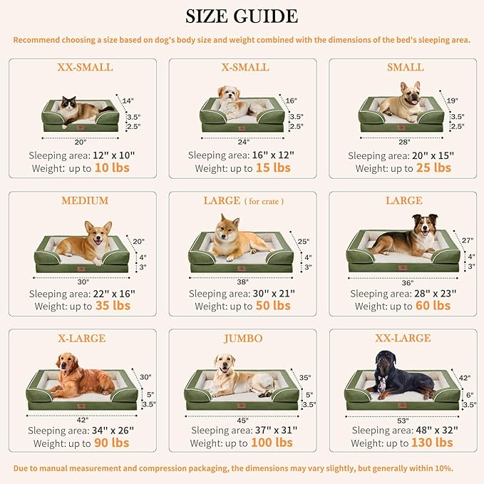 Comfort Expression Orthopedic Bolster Dog Beds Extra Large, XL Dog Beds Waterproof Dogs Beds, Washable Dogs Beds Sofa with Removable Cover & Non-Slip Bottom(X-Large,Light Green)