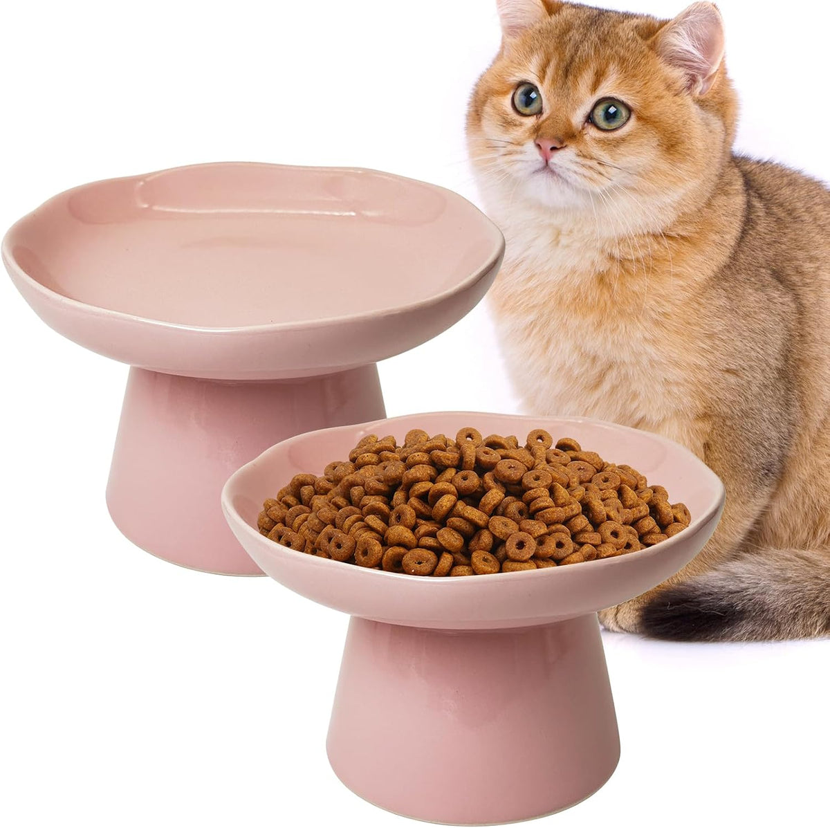 VCEPJH Elevated Cat Bowls 6.1in Wide Shallow Ceramic Raised Food Dish – Essentials for Cats - Pink(Pack of 2)