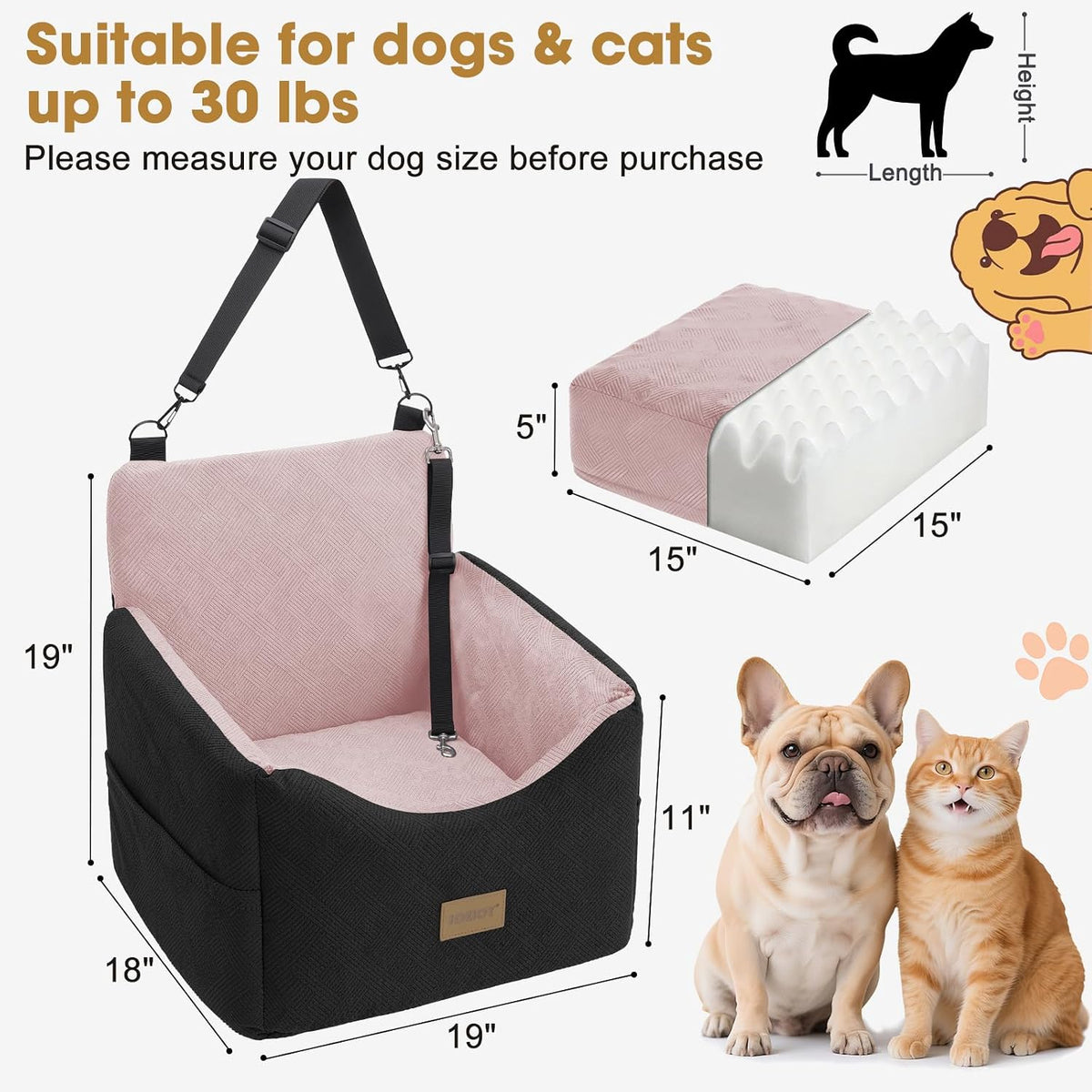 JOEJOY Dog Car Seats for Small Medium Dogs Under 35lbs - Black Pink / Small/Medium - image 4