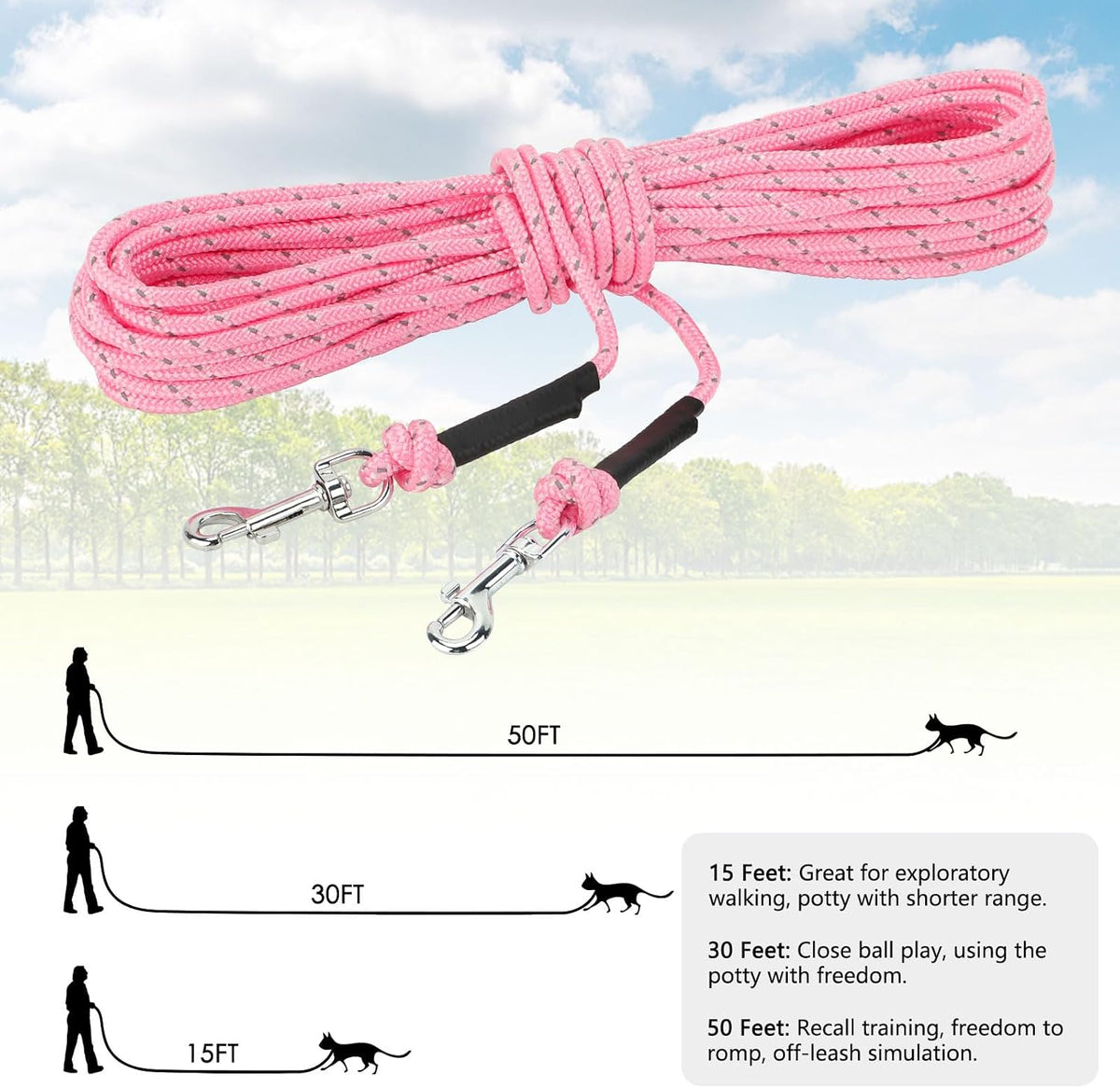 Reflective Cat Long Leash 15 FT - 50 FT / Pink - image 2