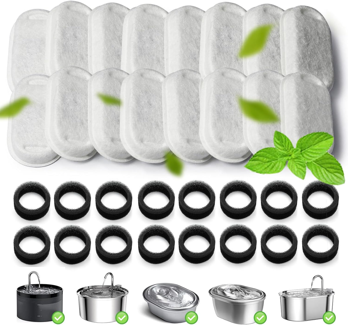 Cat Water Fountain Filter 16Pcs Fit 101oz/3L Stainless Steel Pet - 16 Filters+16 Sponges (8 Month Supply)