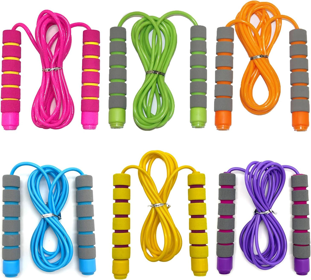Homello 6 pack of adjustable 9 foot jump ropes for kids with soft foam handles in six colors