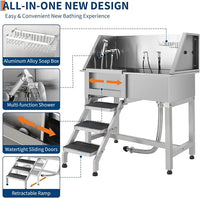 Stainless Steel Dog Washing Station - Dog Bath Tub for Large, Medium, Small Dogs, Pet Grooming Tub with Ramp, Non-Slip Grate, Shower, Soap Box, Faucet, Drain for Home & Outdoor （Left RAMP, 38"）