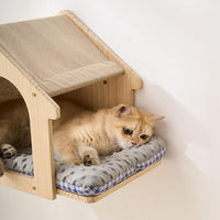 SHENGOCASE Natural Wood Cat Wall Shelves Bed, 2-Pack, Wall-Mounted Box House Perch, Cat Condo Furniture with Washable Pillow Cushions