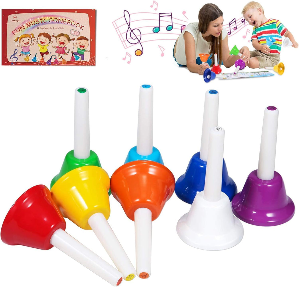 TantivyBo 8 note multicolored hand bells set with 17 song book for kids