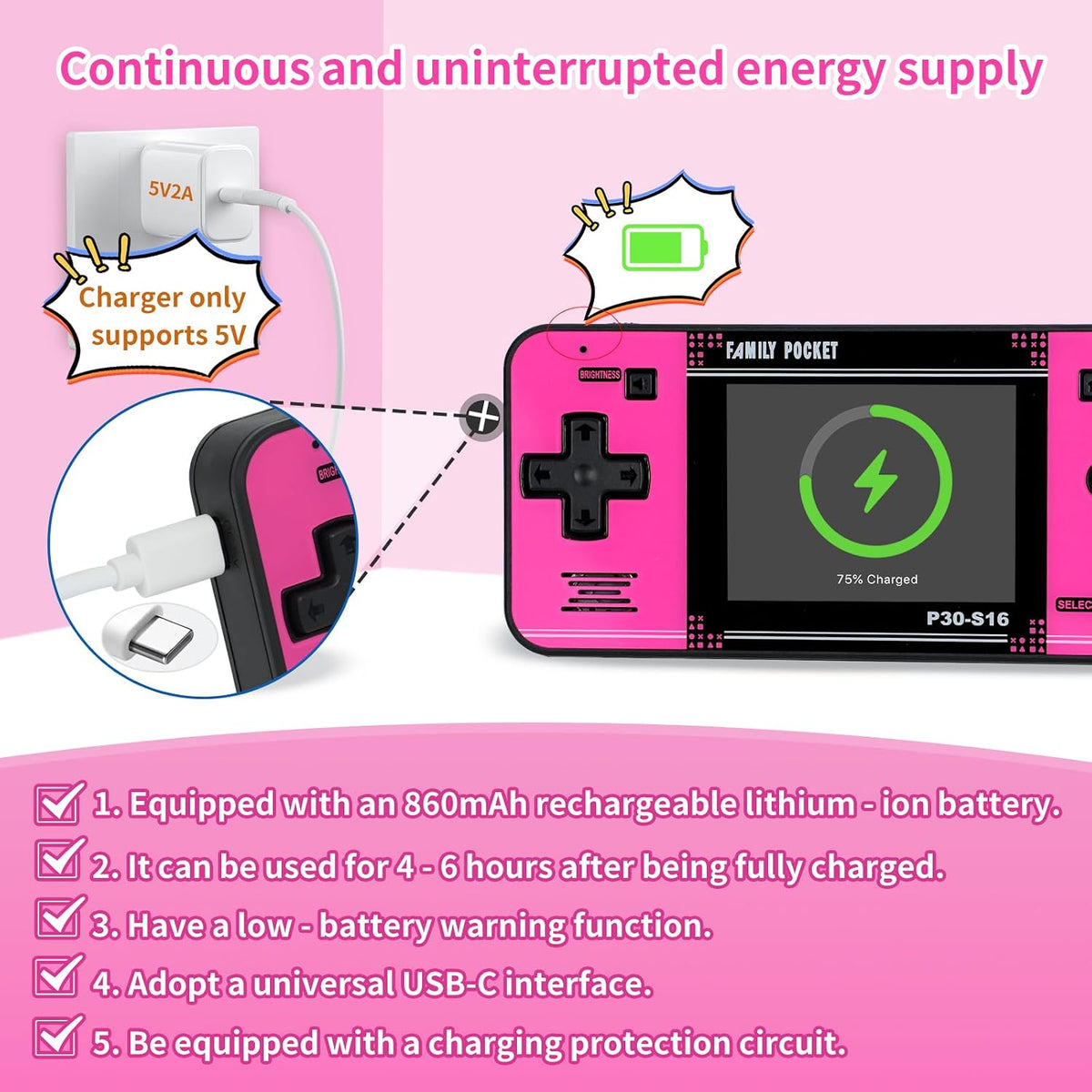 Handheld Game for Kids -Preloaded 220 Retro Video Games - Black+pink - image 3