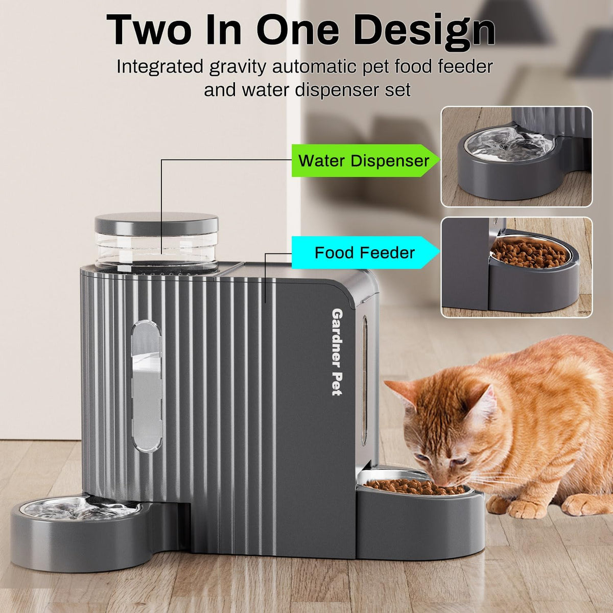 Gravity Automatic Cat Feeder, Water & Food Dispenser Set - Extra Large（1.6 Gallons x 2） / Black Grey - image 2