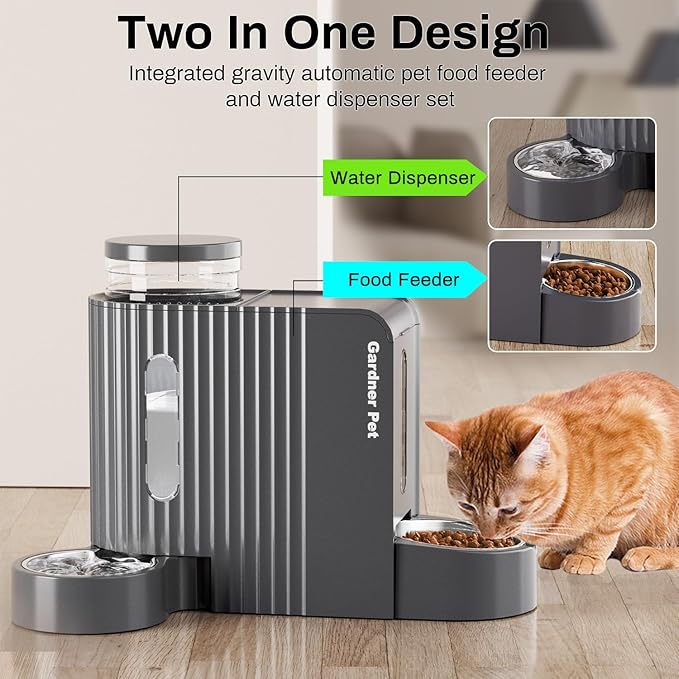 Gardner Pet Automatic Gravity Cat Food Feeder and Water Dispenser Stainless Steel Two-in-One Set Large Capacity Dispenser for Medium, Large Dogs, Puppies, Kittens, Rabbits-(1.6 Gallons x 2)