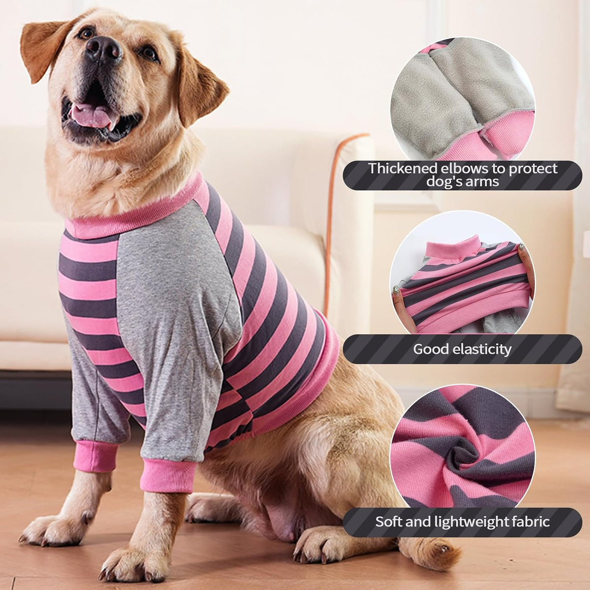 Dog recovery sleeve with thickened elbow protector in pink stripes, size L - view 3