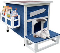 Large Outdoor Cat House with Soft Mat, Wooden Feral Cat Shelter – Essentials for Cats - Blue