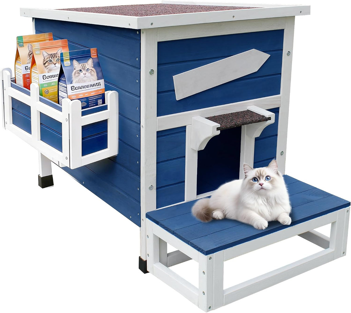 Large Outdoor Cat House with Soft Mat, Wooden Feral Cat Shelter – Essentials for Cats - Blue