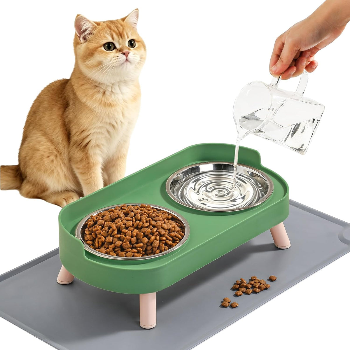 Elevated Cat Bowls Set - Raised Cat Food and Water Bowl Set with Non Slip Stand - Pet Feeding - Green with Mat