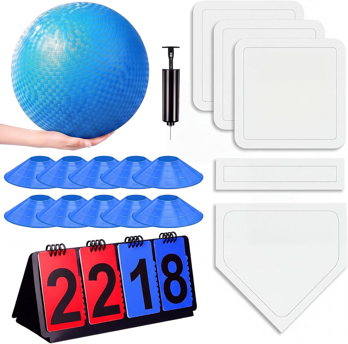 Jenaai blue kickball set with 10 inch ball, rubber bases, cones, scoreboard and pump - view 4