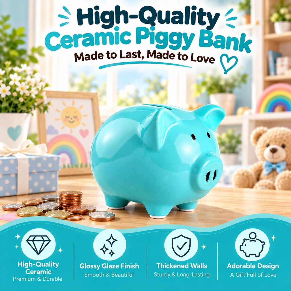 SOBEIT Piggy Bank for Kids Girls Boys, Glazed Ceramic Coin Bank - Style 1 Blue - image 2