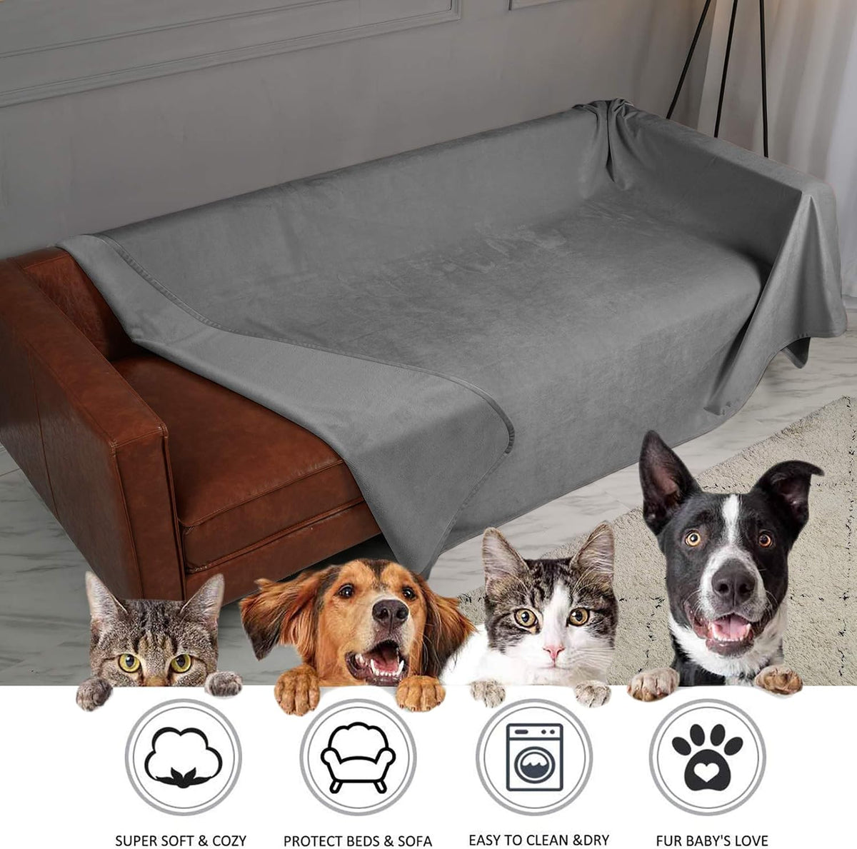 Ameritex Pet Bed Blanket Reversible 100% Waterproof Velvet Super Soft - 82x82 Inches / Light Grey+grey - image 4