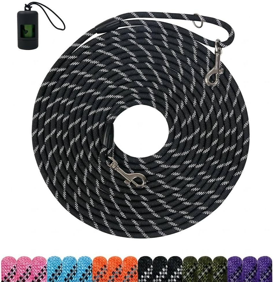 Long Dog Training Leash，Heavy Duty Reflective Rope Lead for Small - Black / 50FT