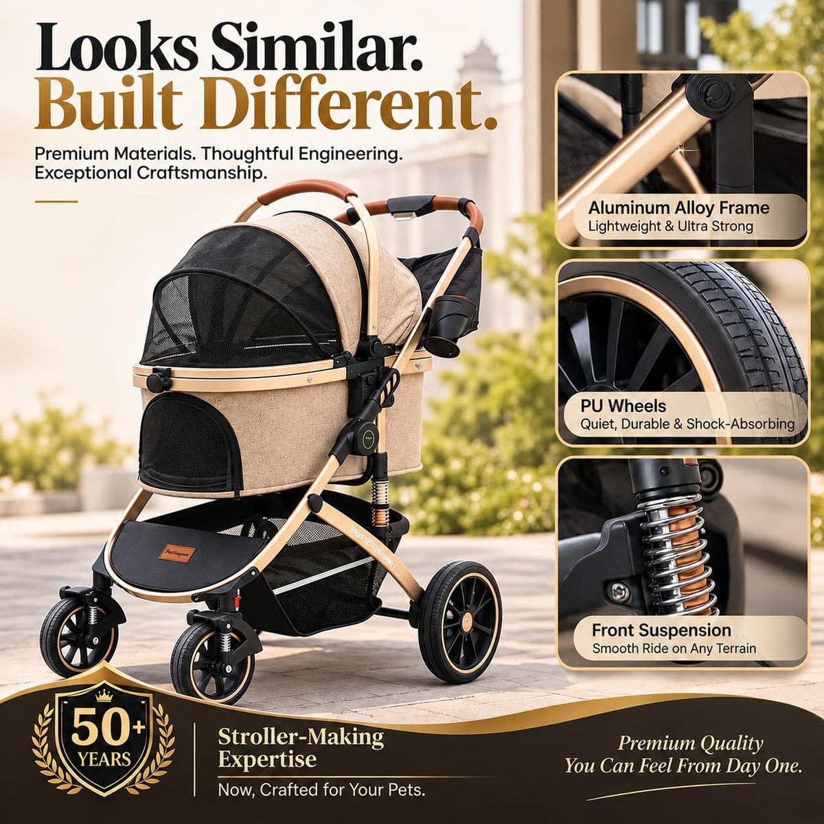 Pettingzoo Dog Stroller, Aluminum Frame, Removable Carrier - Khaki - image 3
