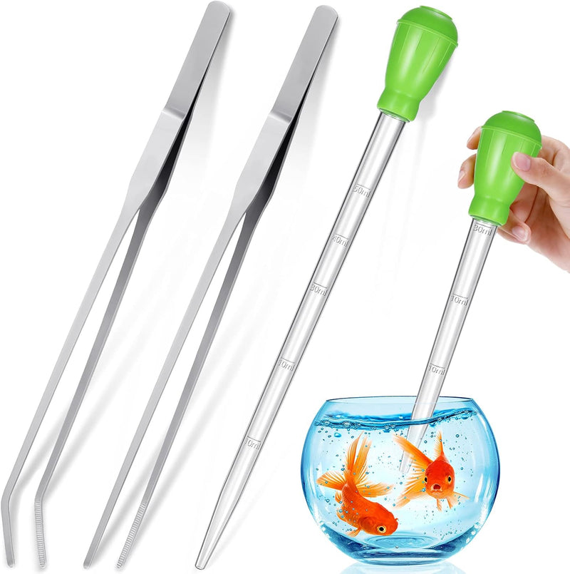 2pcs Aquarium Coral Feeder with Feeding Tweezer Syringe Spot - Green, Silver