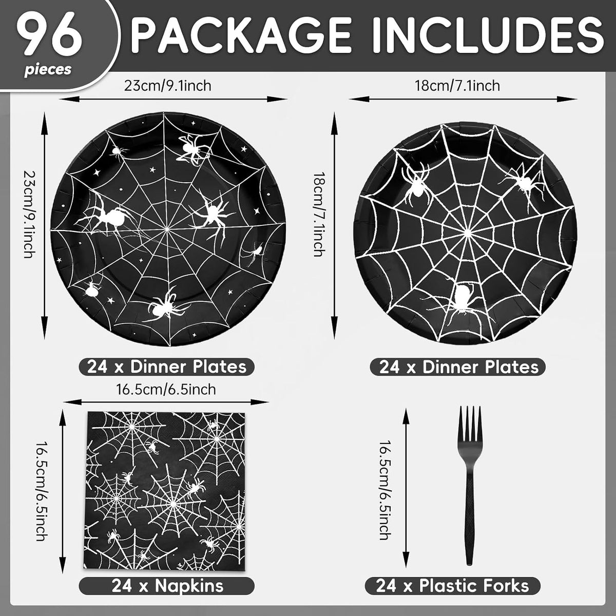 Gistome 96-piece Halloween spider web tableware set with plates, napkins and forks - view 22