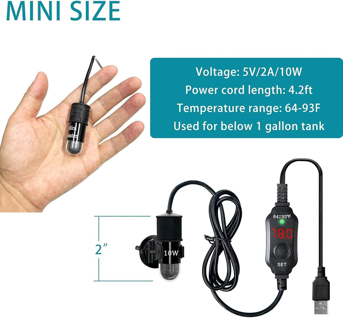 USB 10W Mini Submersible Aquarium Heater Adjustable Fish Tank Heater – Essentials for Fish - 10 Watts(USB) - image 2
