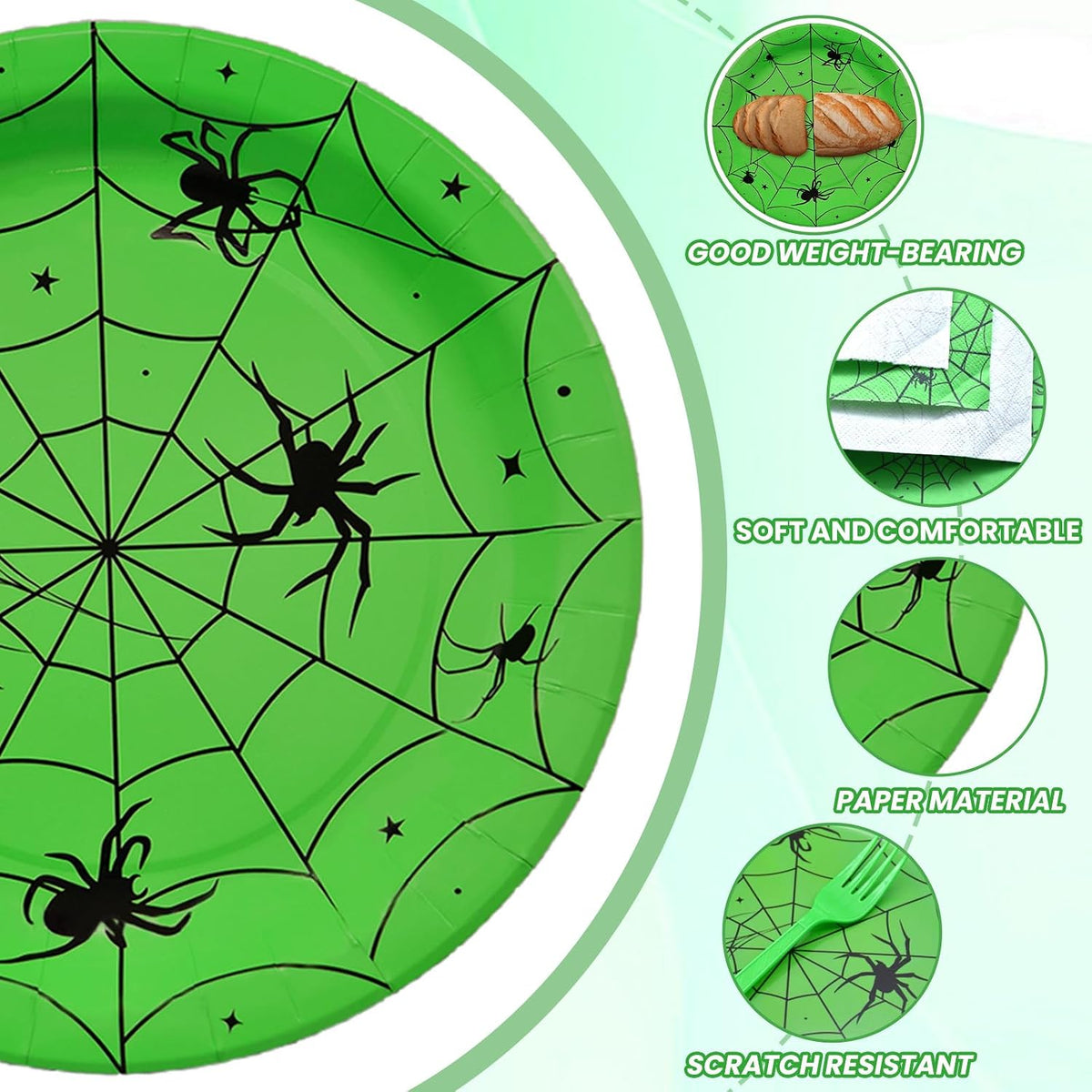 Gistome 96-piece Halloween spider web tableware set with plates, napkins and forks - view 8