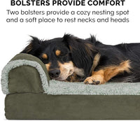 Furhaven Cooling Gel Dog Bed for Medium/Small Dogs w/ Removable Bolsters & Washable Cover, For Dogs Up to 35 lbs - Two-Tone Plush Faux Fur & Suede L Shaped Chaise - Dark Sage, Medium