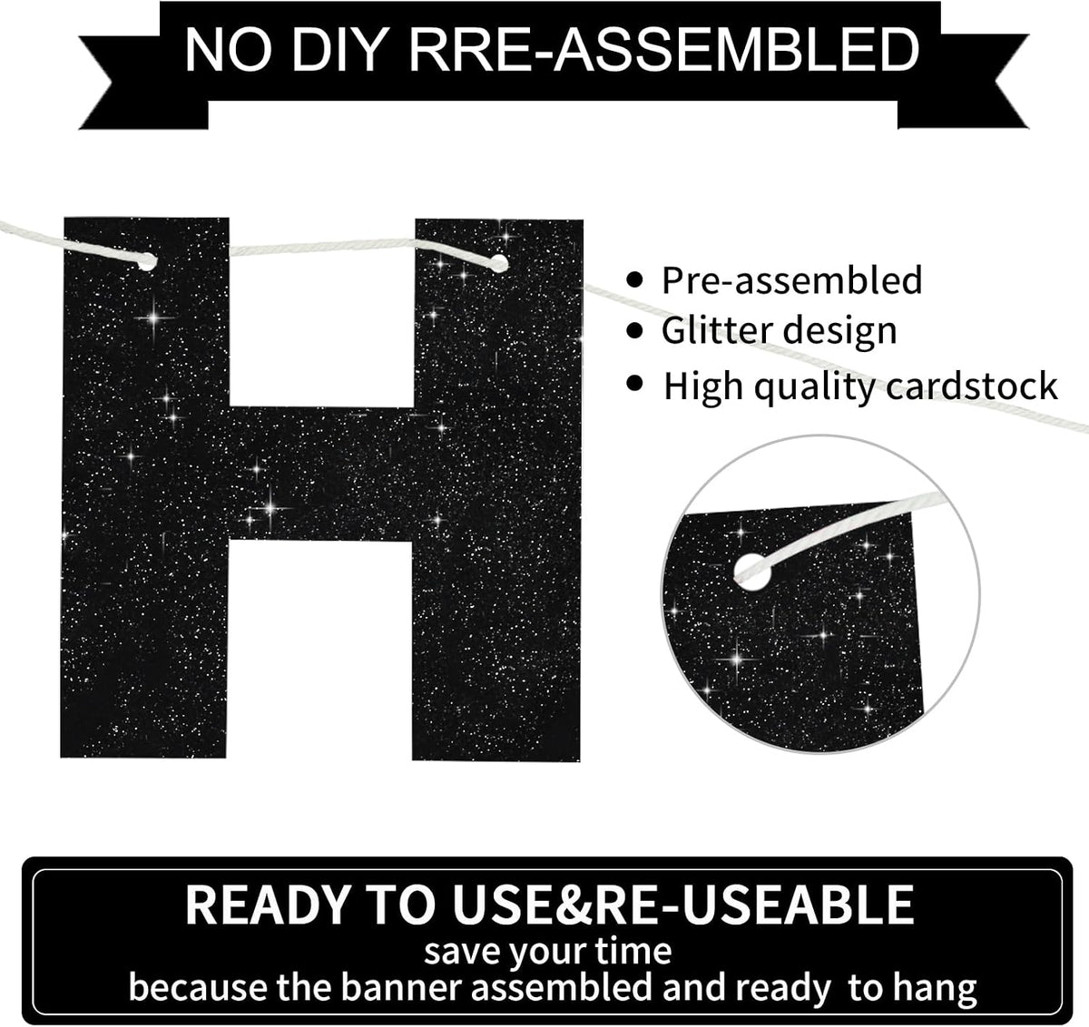 BEISHIDA Pre-Strung Glitter Pink Happy Birthday Banner Party Sign - Black Blue - image 3