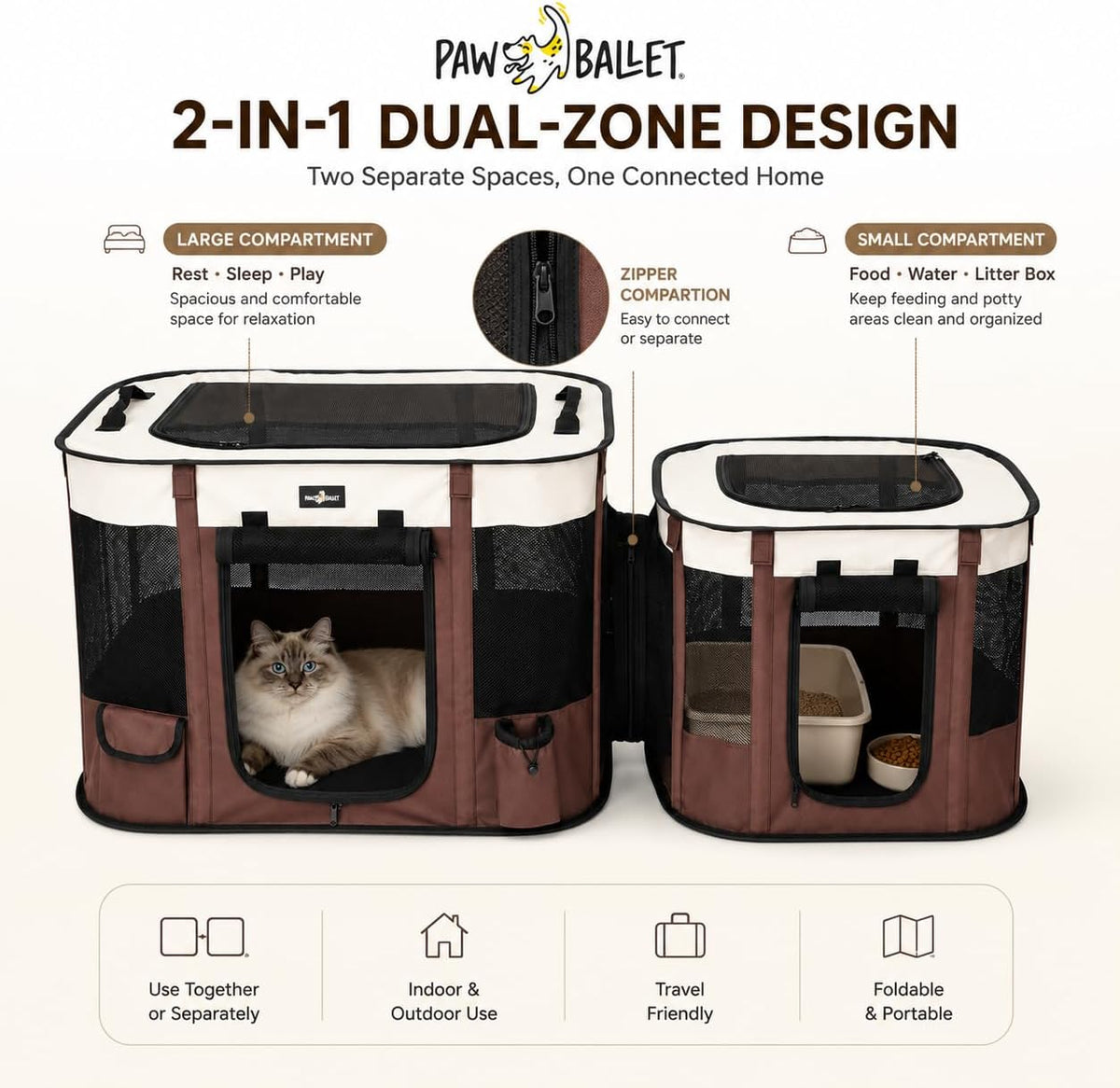 Foldable Pet Kitten Playpen - Brown / Medium (2-IN-1) - image 2