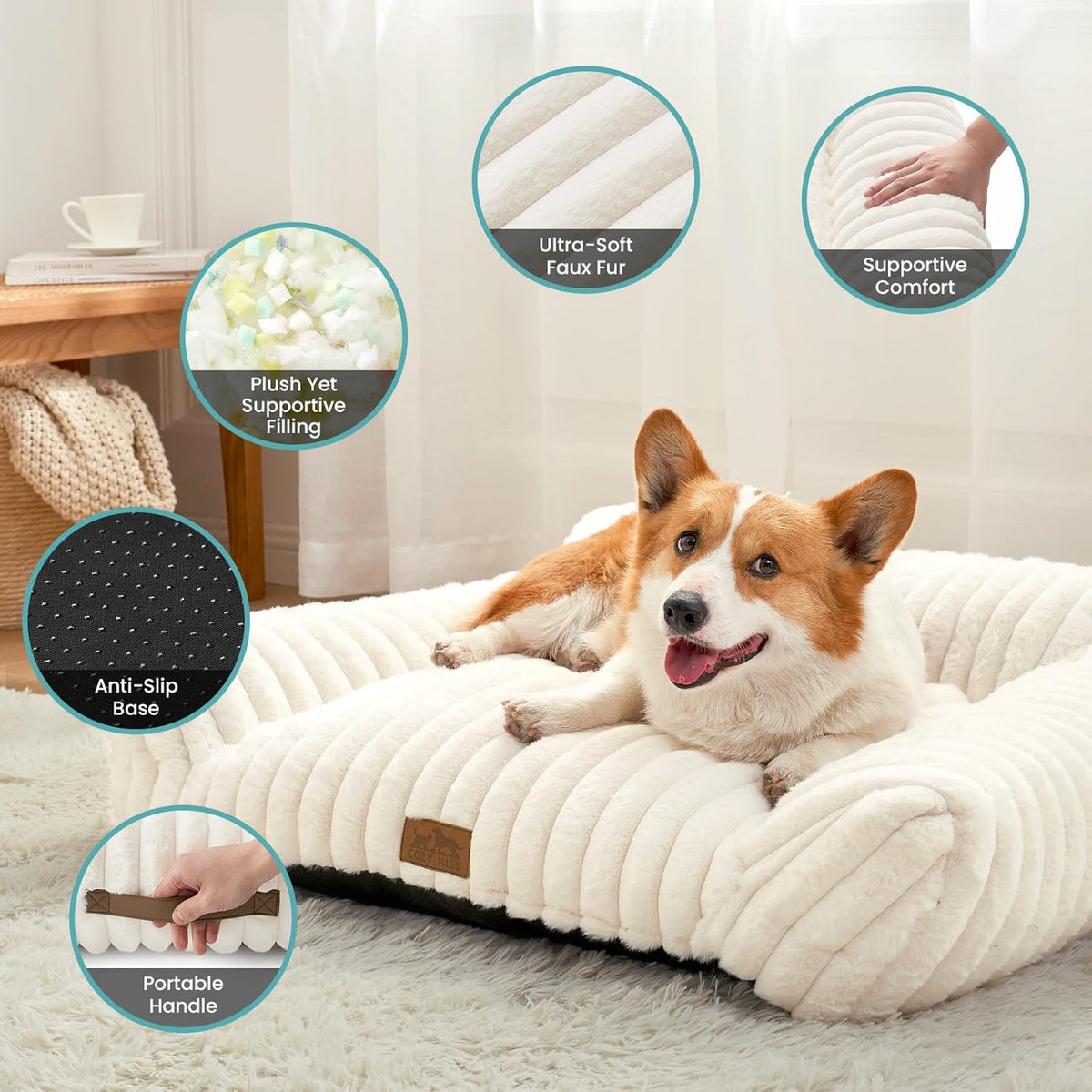COZY KISS Cute Cat Couch, Fluffy Sofa Bed for Cats and Small Dogs, Premium Faux Rabbit Fur Cats - Cream / Small: 25.5'' x 17.5'' - image 4