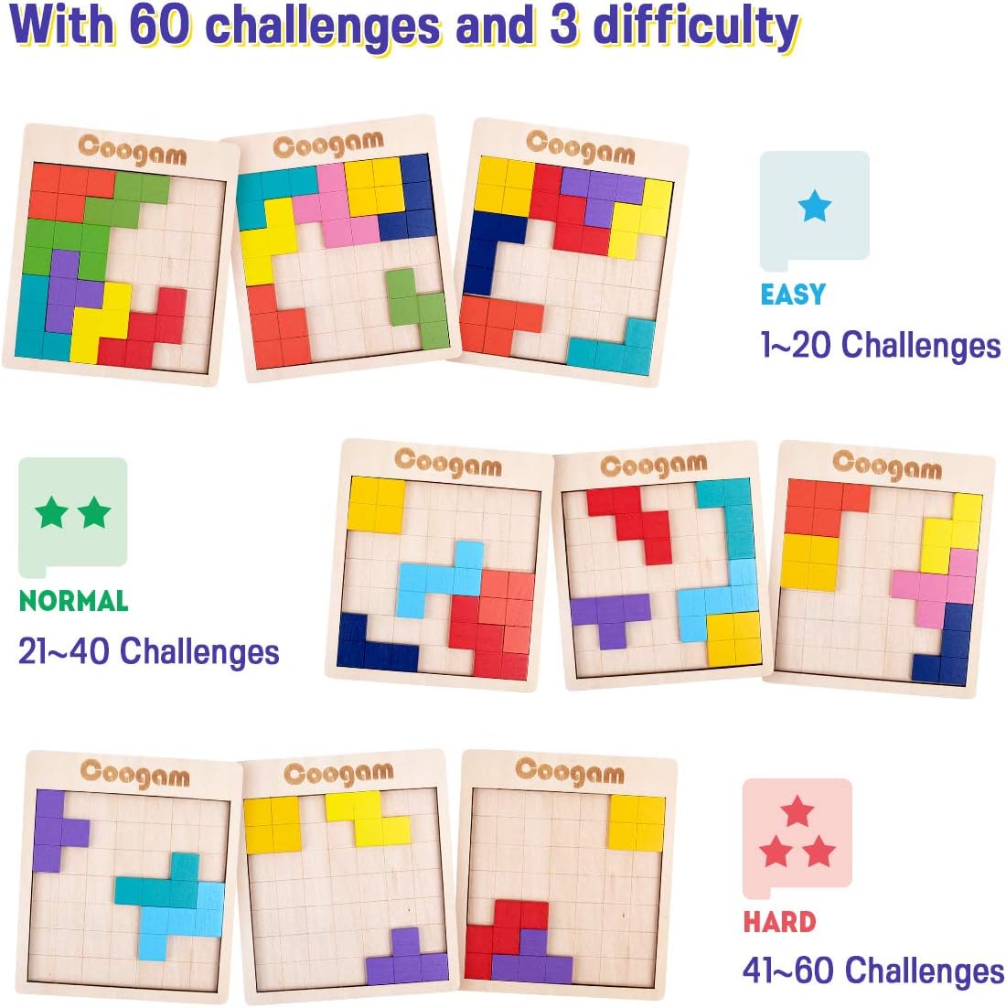 Coogam Wooden Puzzle Pattern Blocks Brain Teasers Game with 60 - image 4