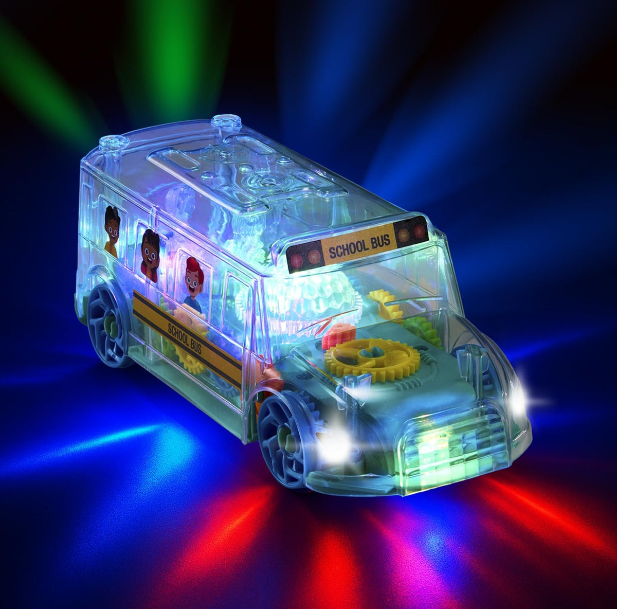 ArtCreativity clear light up school bus toy with colorful spinning gears - view 3