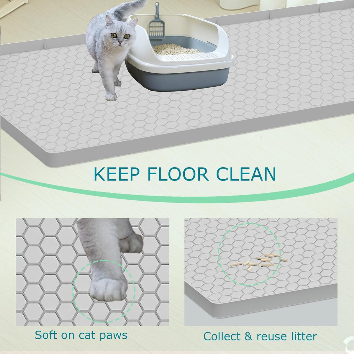 Cat Litter Mat, Silicone Large Cat Mat for Litter Box - 25"L x 19"W / Light Grey - image 2