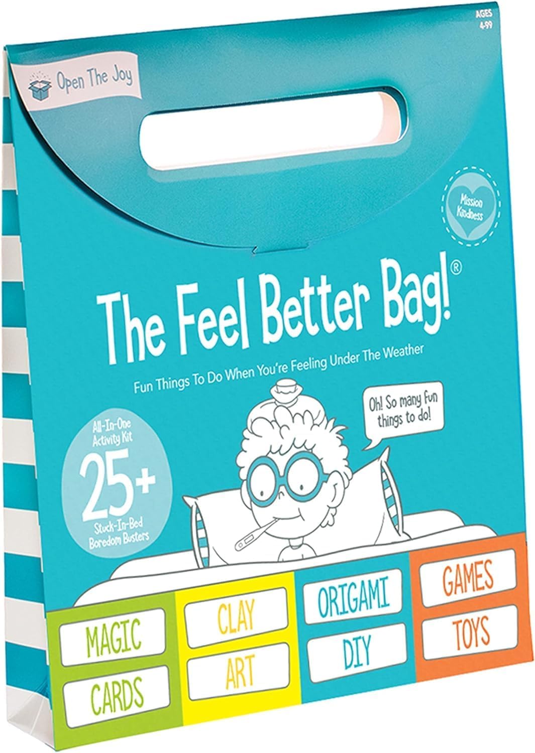 Open The Joy Feel Better Bag get well gift for kids with crafts, games and activity book