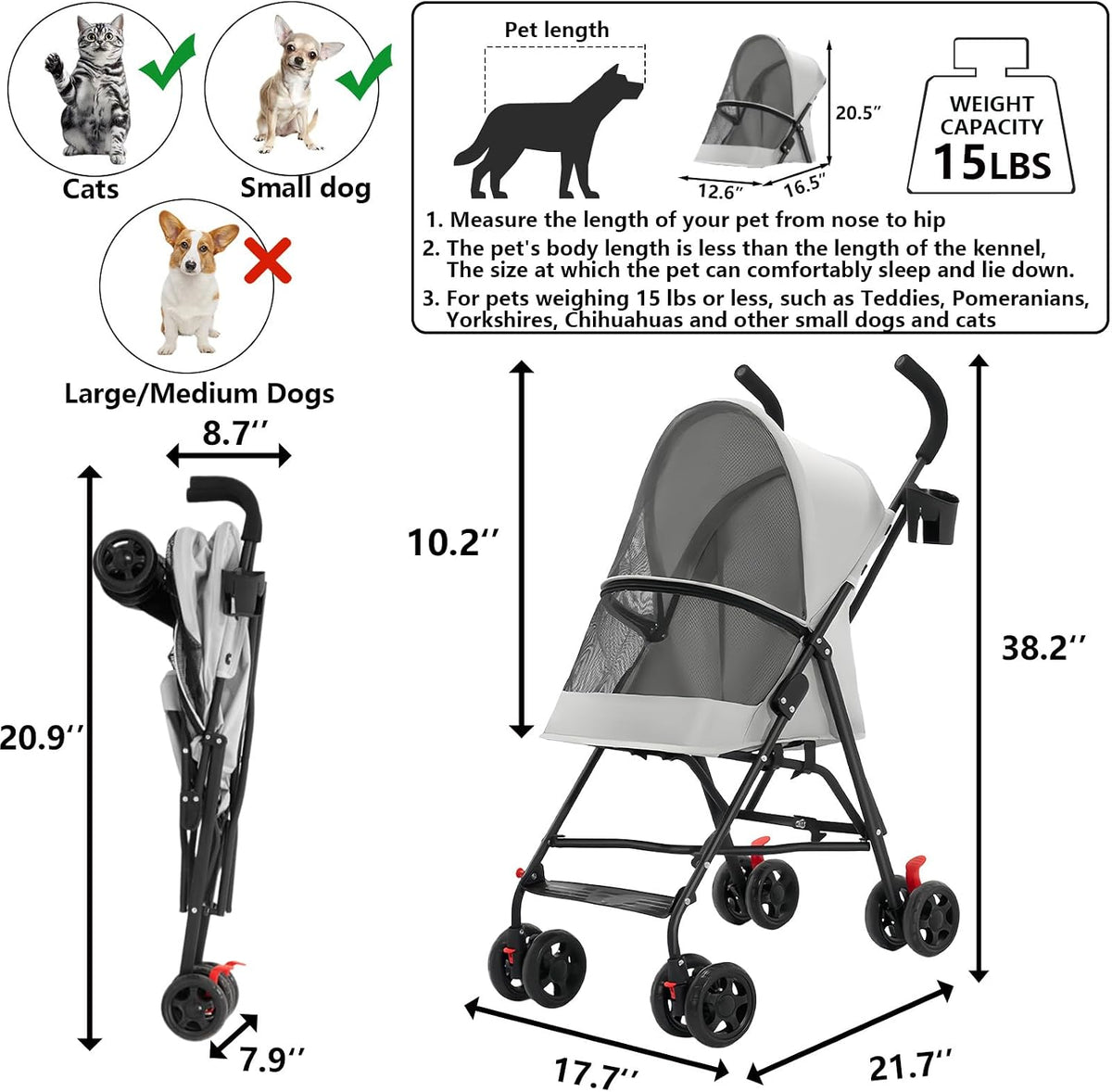 Cat Stroller Foldable Lightweight for Small Dogs Cats 0-15 lbs Pink – Essentials for Dogs - Gray - image 2