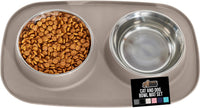 GORILLA GRIP Dog Bowl Set with Feeding Mat - Beige / 2 Cup Bowls