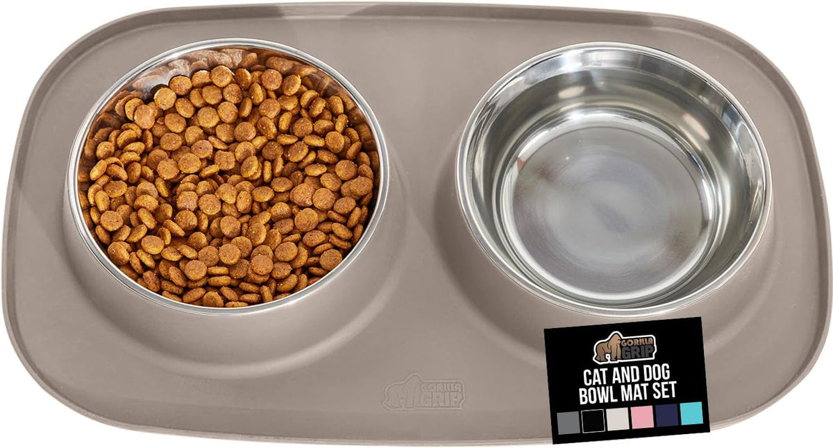 GORILLA GRIP Dog Bowl Set with Feeding Mat - Beige / 2 Cup Bowls