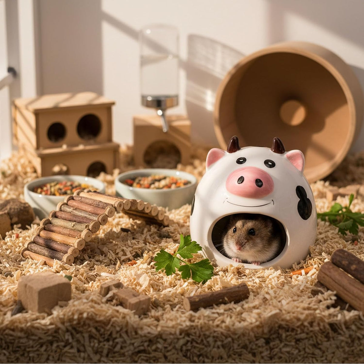 Hypeety Ceramic Hamster Hideout Decor Cool Bed Bath House - White/Cow - image 3