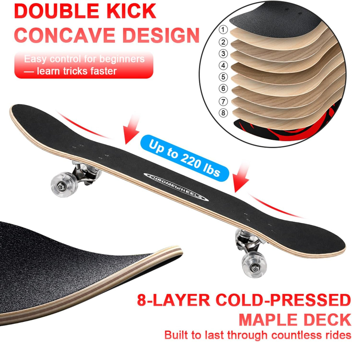 ChromeWheels 31 inch Skateboard Double Kick Skate Board Cruiser - Red - image 4