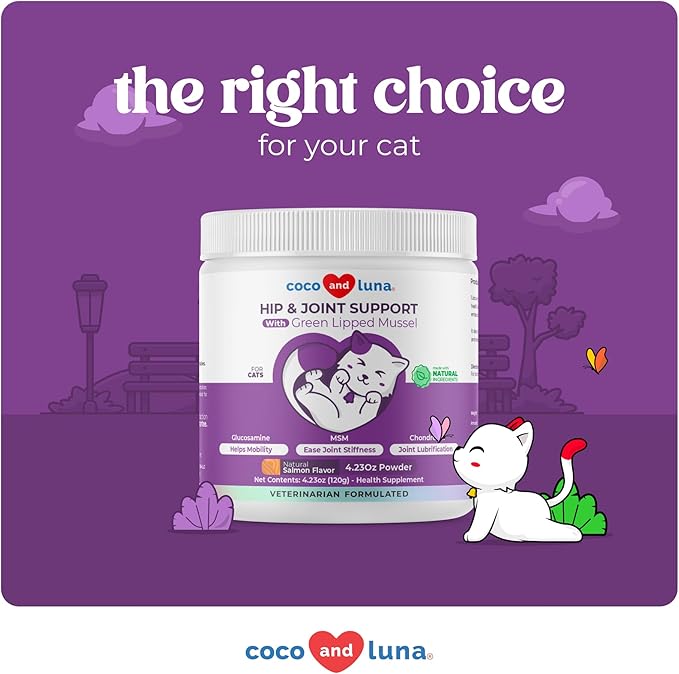 Glucosamine for Cats - 4.23oz/120g Powder - Hip and Joint Supplement for Cats with Green Lipped Mussel, MSM, Chondroitin, and Vitamin E