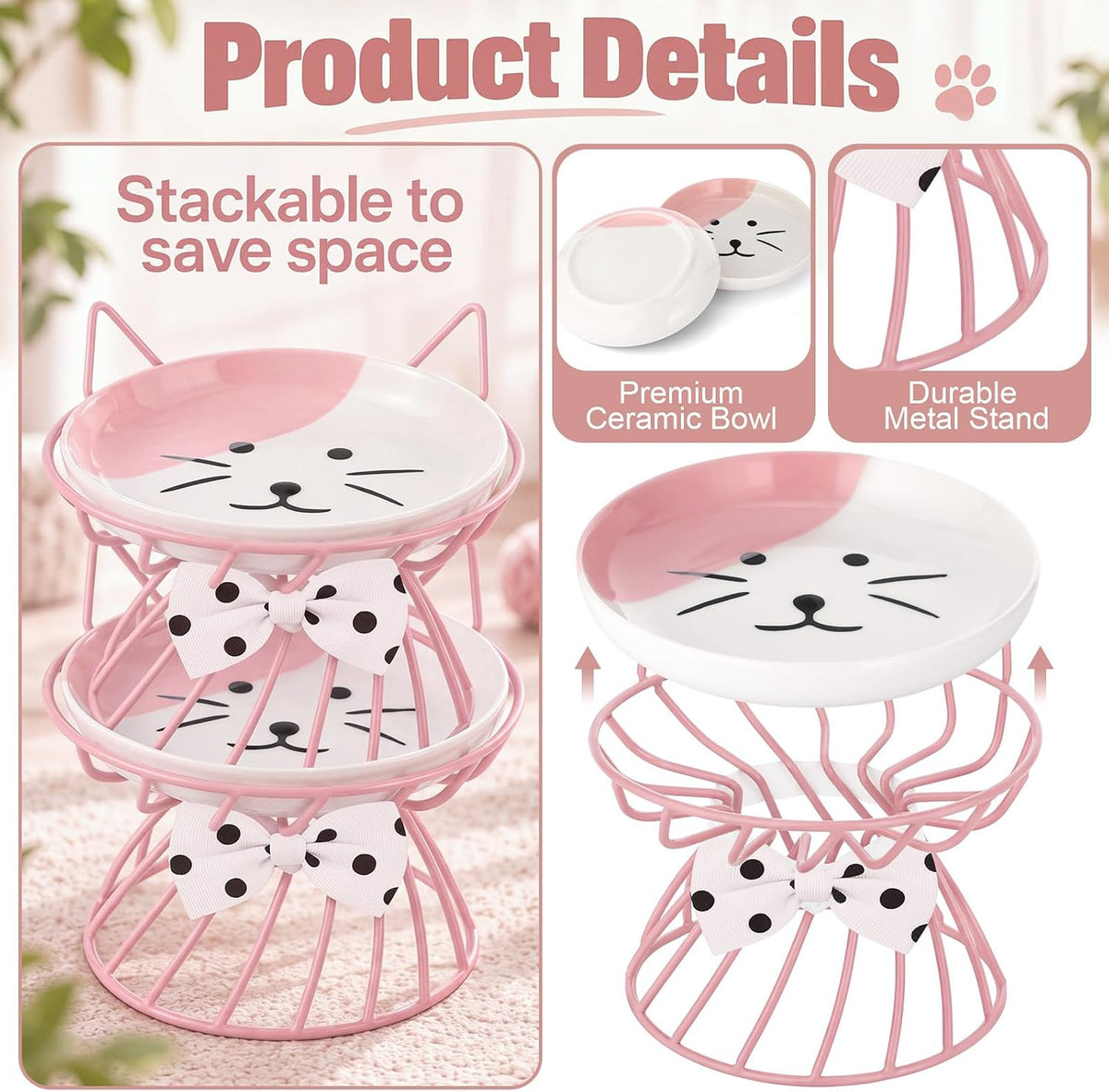 Sunnyray 4 Pcs Elevated Cat Bowls Raised Cat Food Bowl - Bow Tie / Pink - image 3