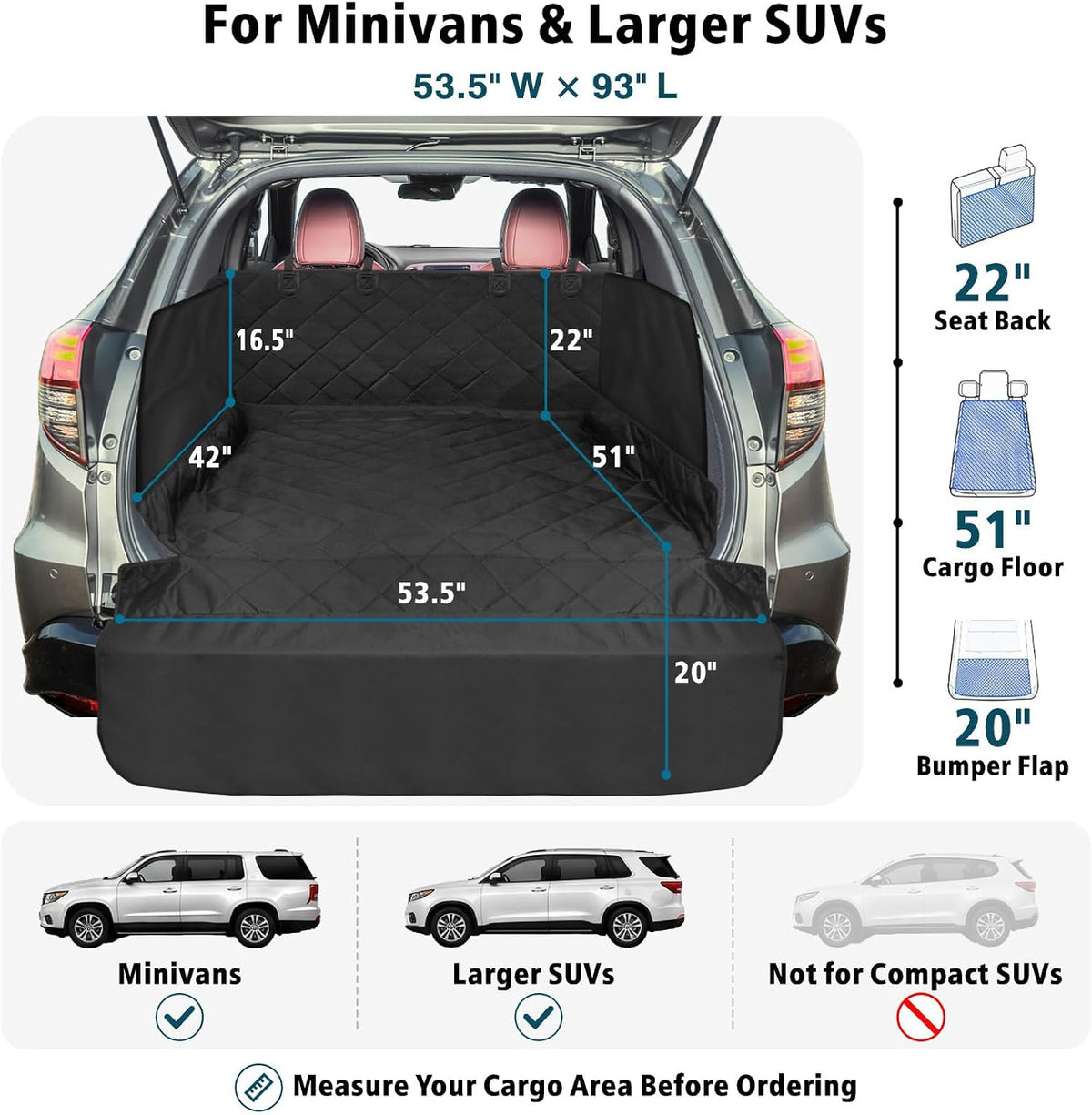 SUV Cargo Liner for Dogs - Trunk Cover with Side Walls for Compact SUV – Essentials for Dogs - Black / Large (With Flaps) 93" - image 2