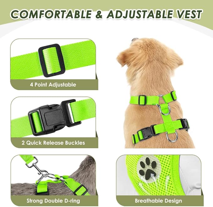 SlowTon Dog Seat Belt Harness for Car, Dog Car Harness Adjustable Mesh Breathable & Dog Seatbelt Safety Tether with Elastic Bungee for Small Medium Large Pets(Lime, Double Clip, XS)