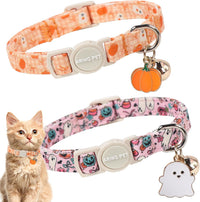 ARING PET 2 Pack Cat Collar-Cute Cotton Cat Collar Breakaway - Halloween Pink & Orange Ghost