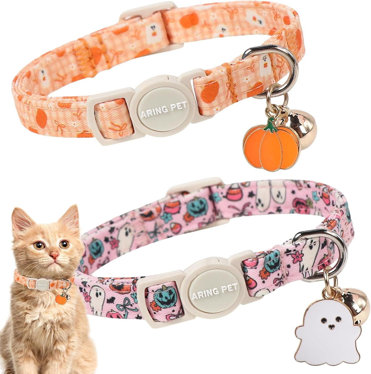 ARING PET 2 Pack Cat Collar-Cute Cotton Cat Collar Breakaway - Halloween Pink & Orange Ghost