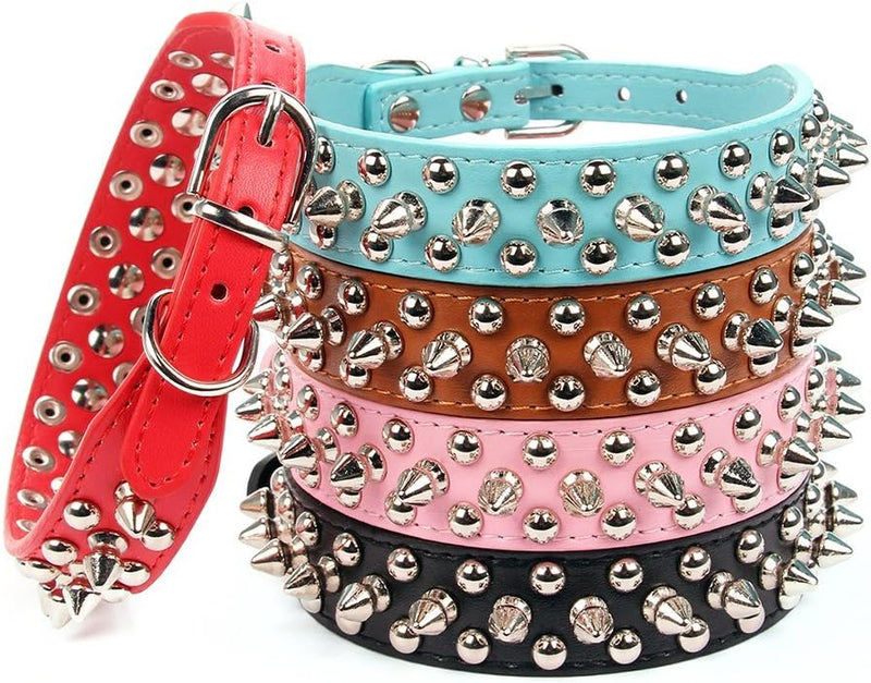 Mushrooms Spiked Rivet Studded Adjustable Pu Leather Pet Collars - 8.2"-10.6" Neck / Blue