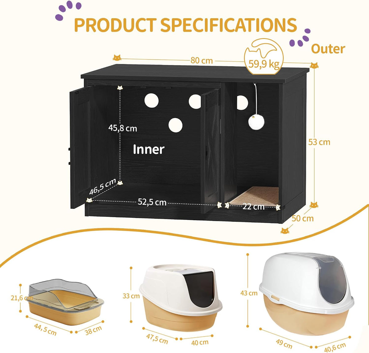 Hzuaneri Cat Litter Box Enclosure - 31.5"L x 19.7"W x 20.9"H / Black - image 2