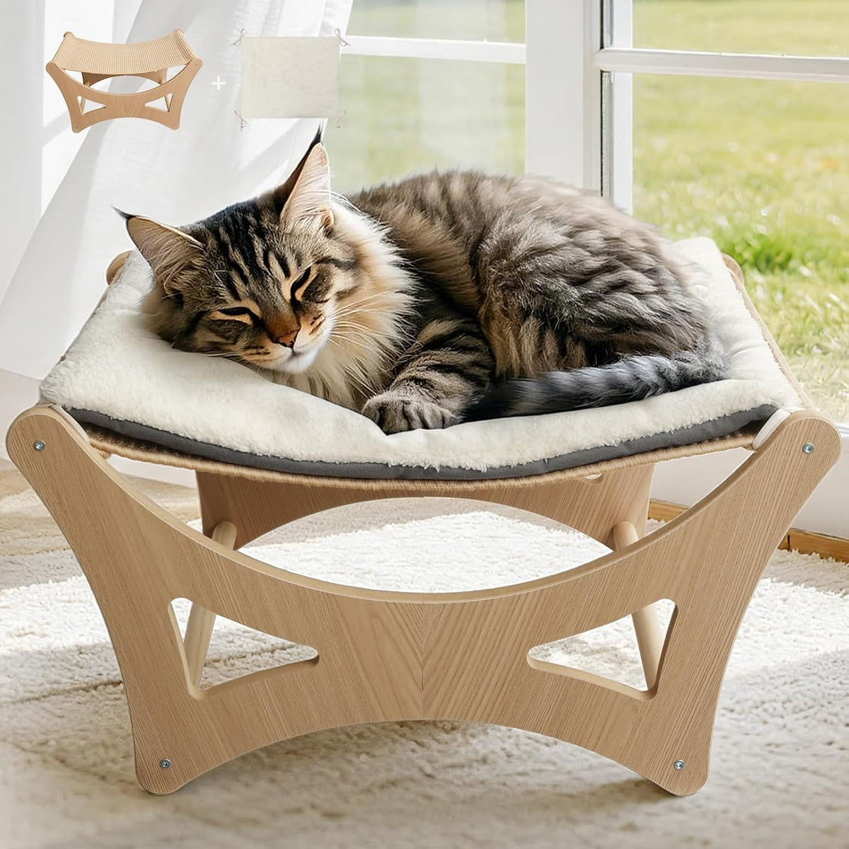 Cat Hammock Bed, Wooden Elevated Cat Beds with Natural Sisal Scratching Mat, Cats Scratcher Bed - Natural Wood