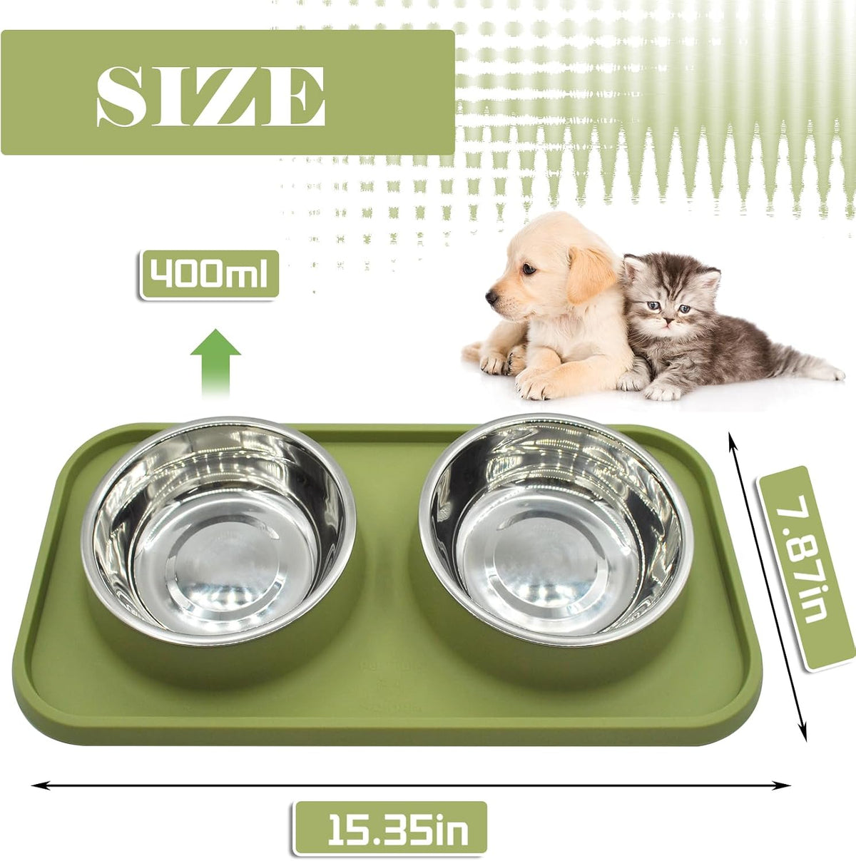 Double Dog Food Bowls Stainless Steel with No Spill Non Skid Silicone - 【Green】 - image 2