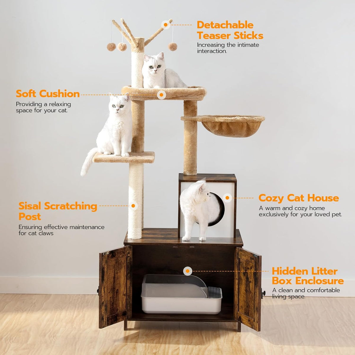 HOOBRO Cat Tree Tower with Litter Box Enclosure Indoor - Rustic Brown - image 3